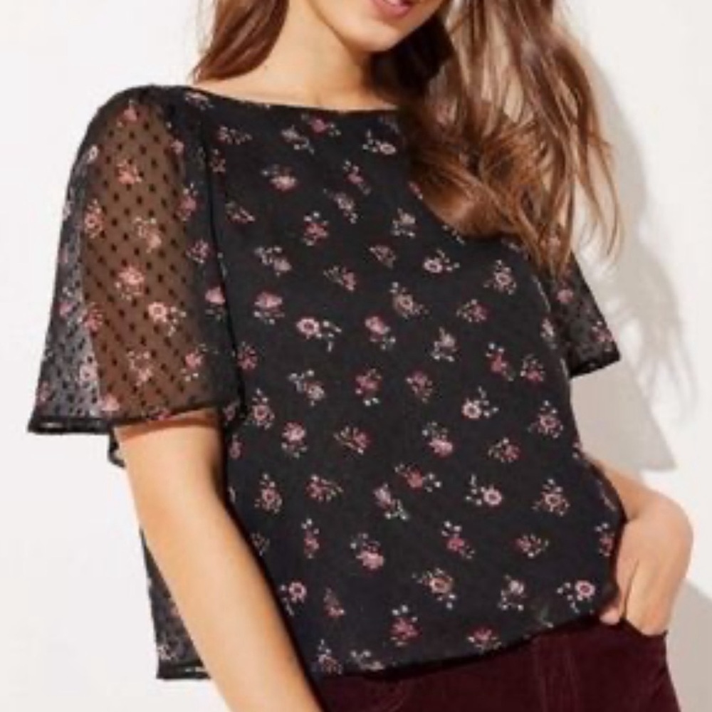 LOFT Black Floral Dot Mesh Short Sleeve Blouse